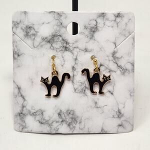 Black Cat Enamel Dangle Drop Hook Earrings Gold Tone Feline Figural Jewelry